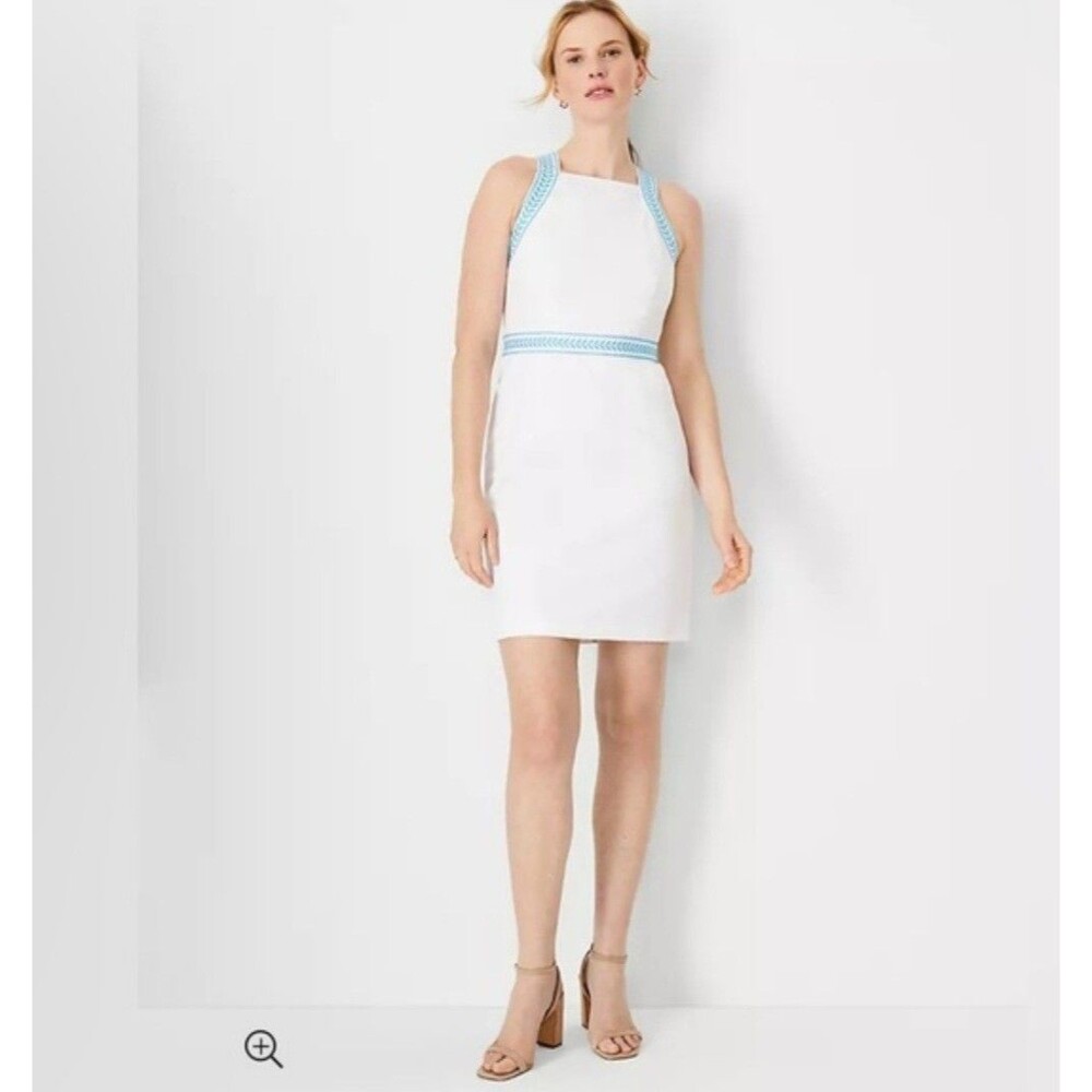 Ann Taylor Cotton Halter Dress White Lined Sheath Blue Embroidered Sz 18 Summer